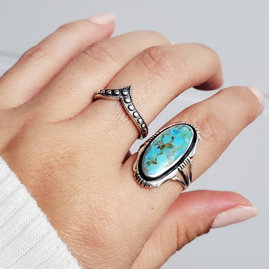 Genuine Turquoise Stone Sterling Silver Ring For Women