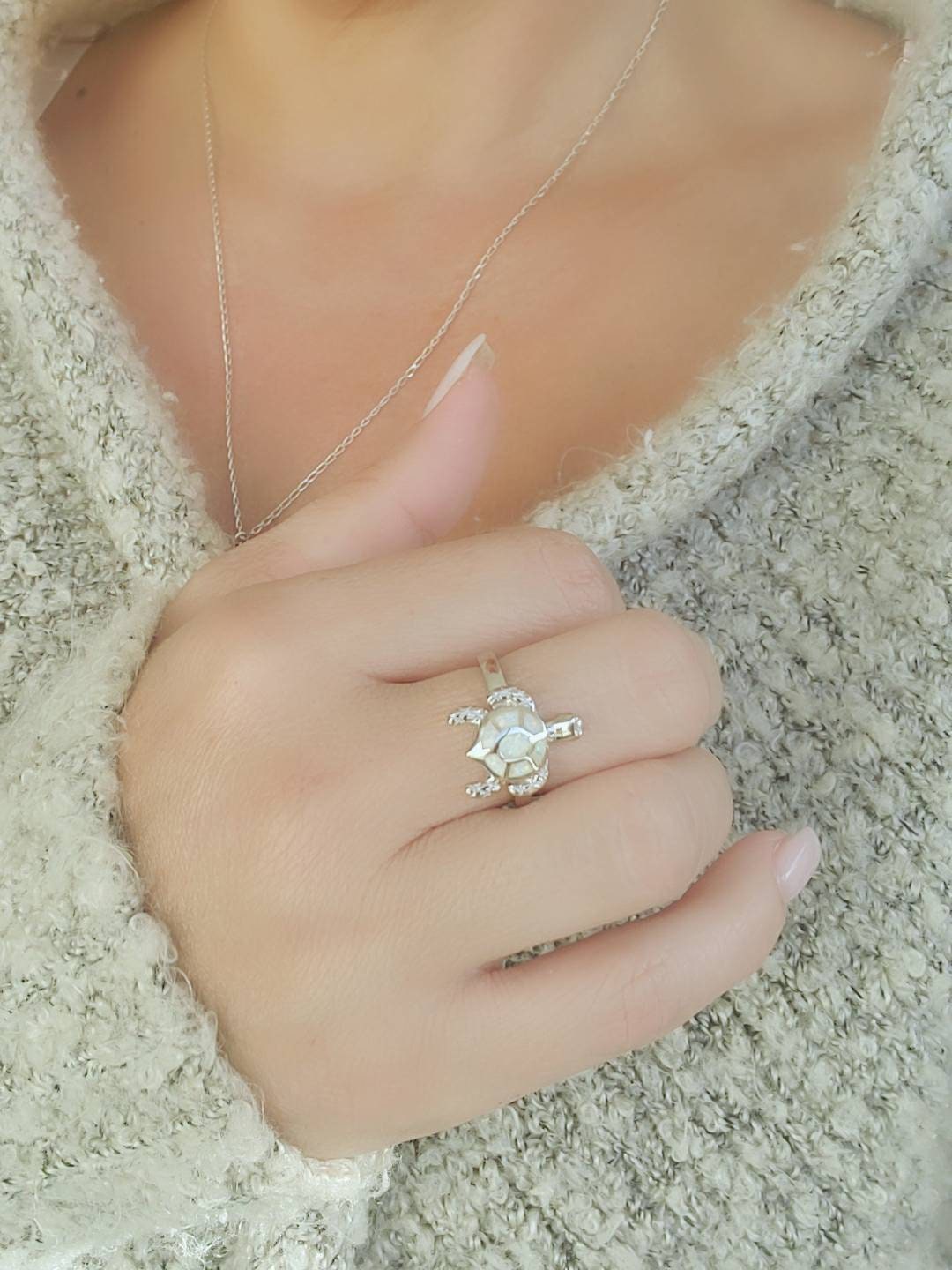 White Opal Turtle Ring