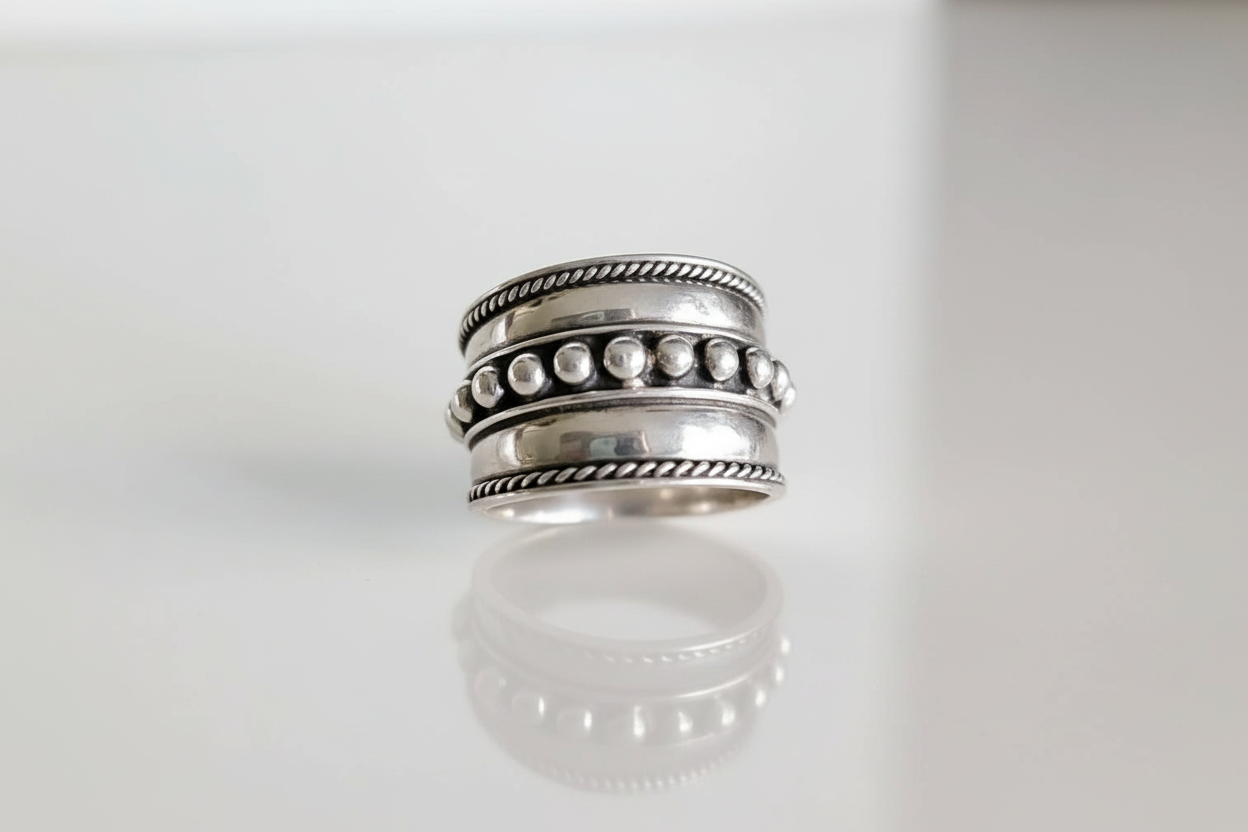 Concave Beaded Wide Band Ring