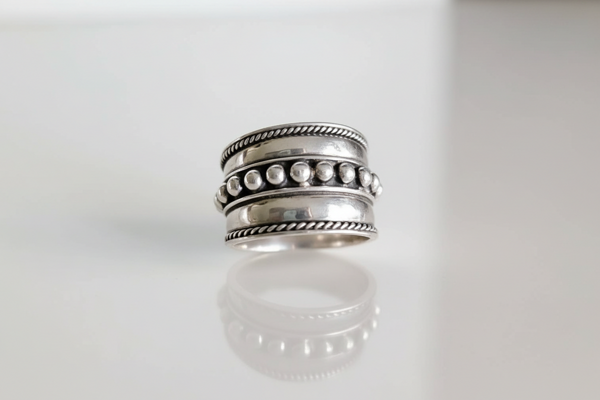 Concave Beaded Wide Band Ring