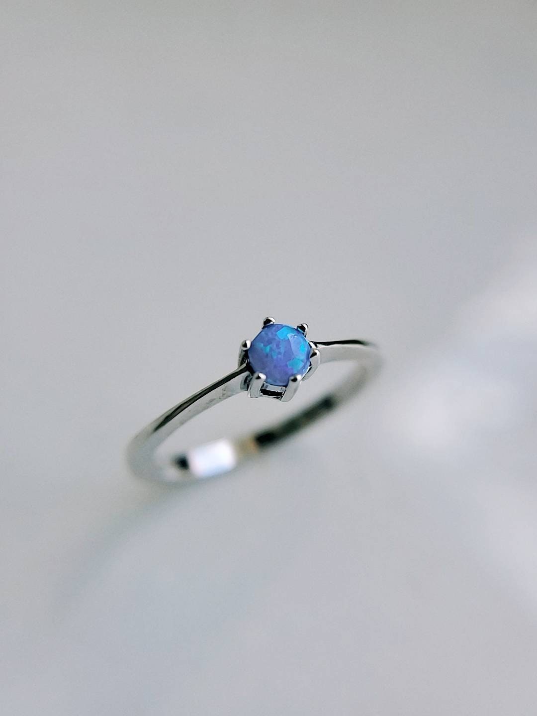 Solitaire Opal Blue Sterling Silver Ring