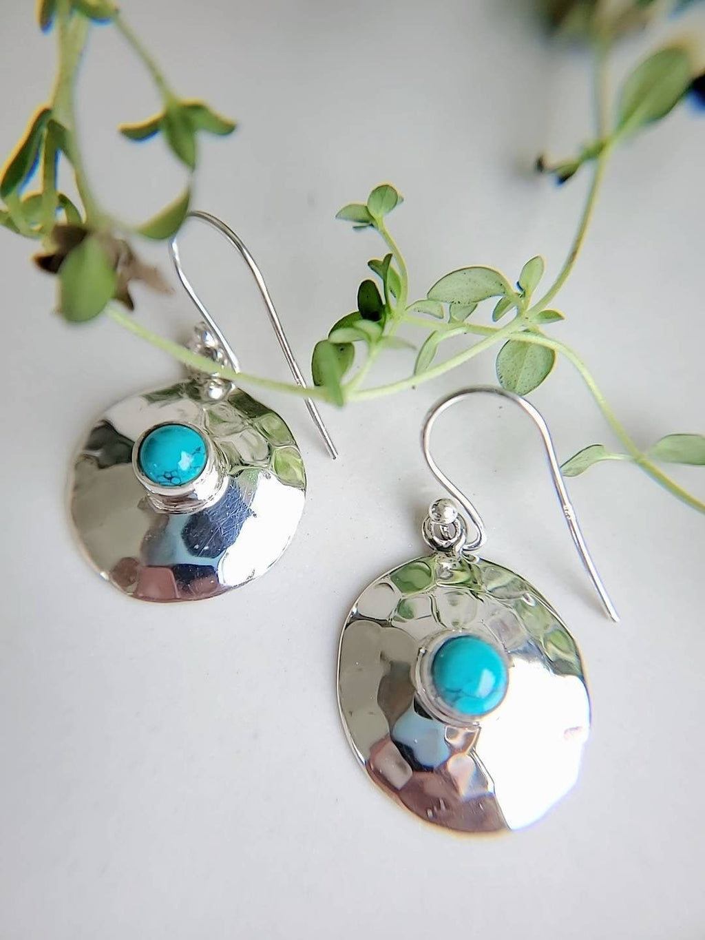 Hammered Disk Turquoise Drop Earrings – 925 Sterling Silver