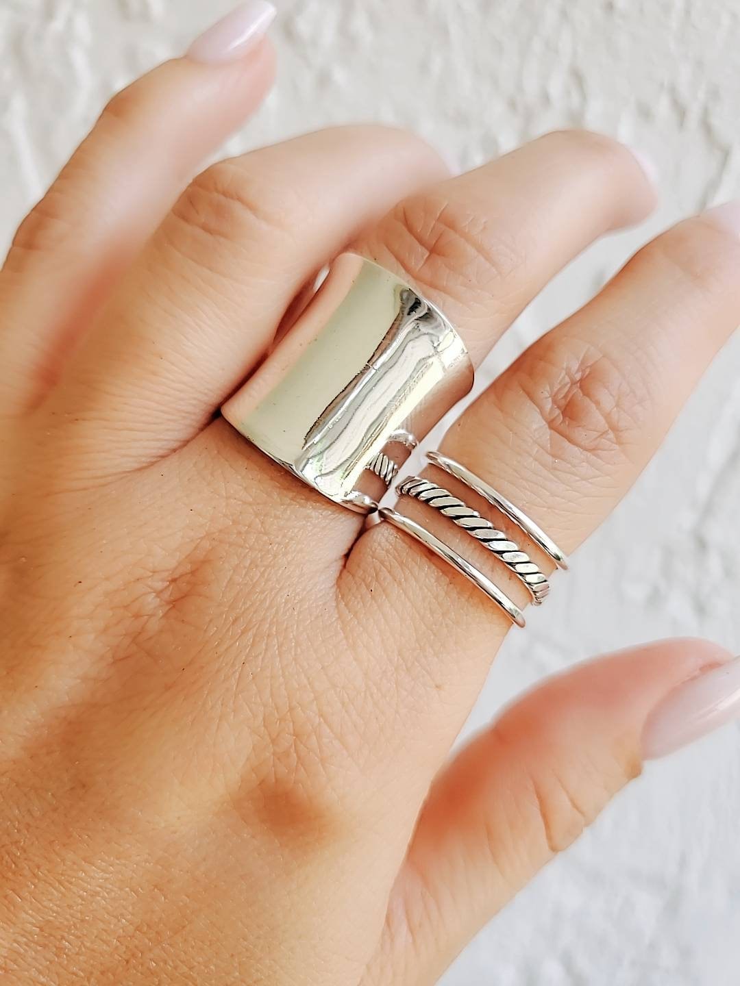 Triple Band Ring, Three Stacking Ring Set, Adjustable Sterling Silver Ring, Statement Thumb Women Ring