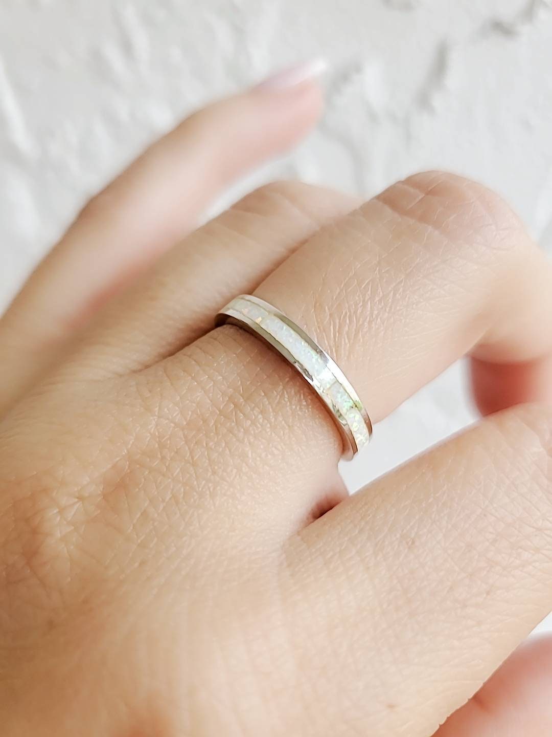 White Opal Ring, Sterling Silver Women Ring, Eternity Band, Simple Band, Engagement Band, Thumb Ring, 925 Stamped, Size 4-13