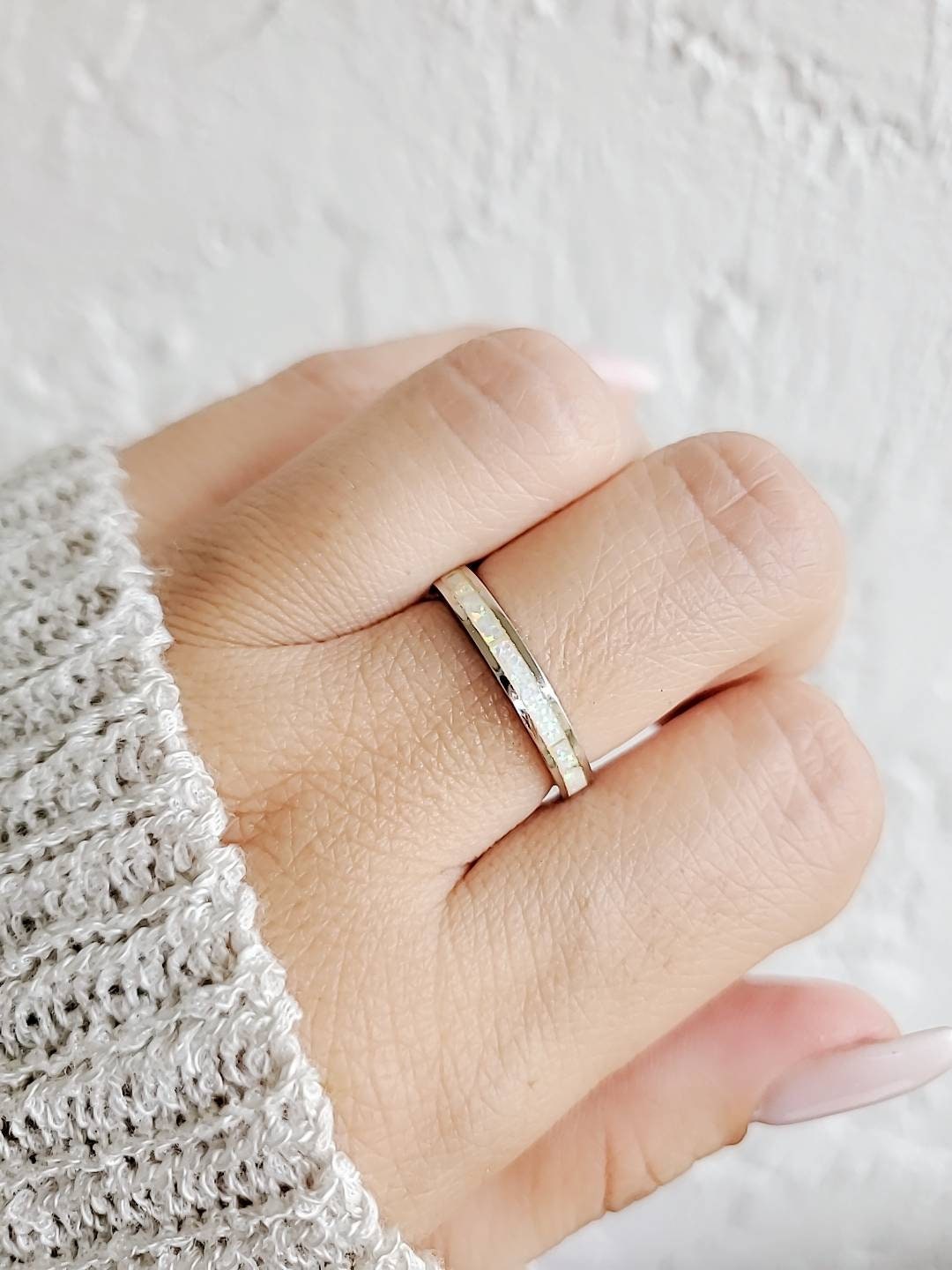 White Opal Ring, Sterling Silver Women Ring, Eternity Band, Simple Band, Engagement Band, Thumb Ring, 925 Stamped, Size 4-13