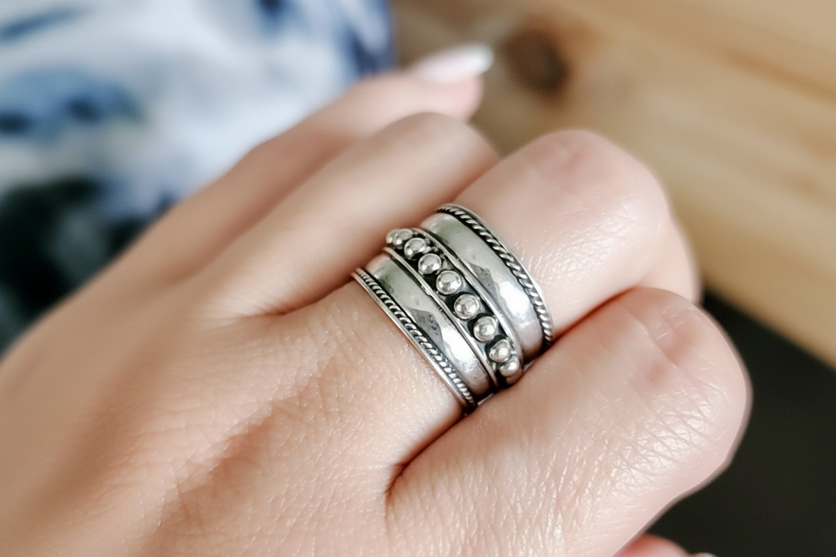 Concave Beaded Wide Band Ring