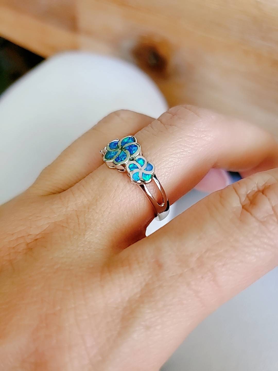 Plumeria Hawaiian Blue Opal Ring