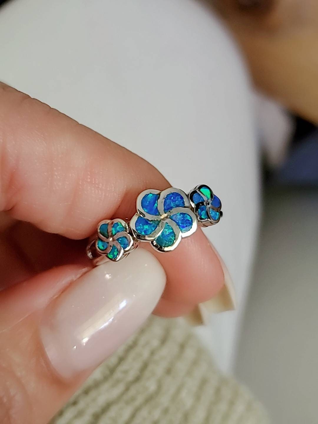 Plumeria Hawaiian Blue Opal Ring