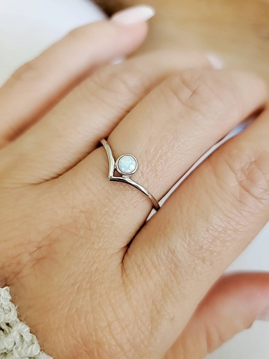 Sterling Silver Dainty White Opal Ring