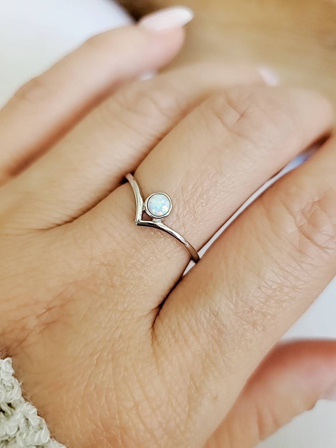 Sterling Silver Dainty White Opal Ring