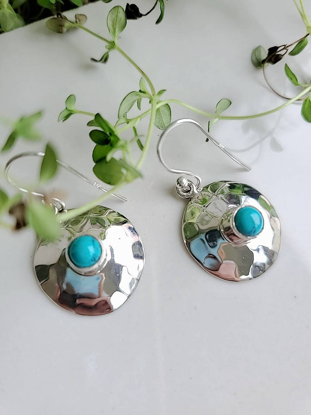 Hammered Disk Turquoise Drop Earrings – 925 Sterling Silver