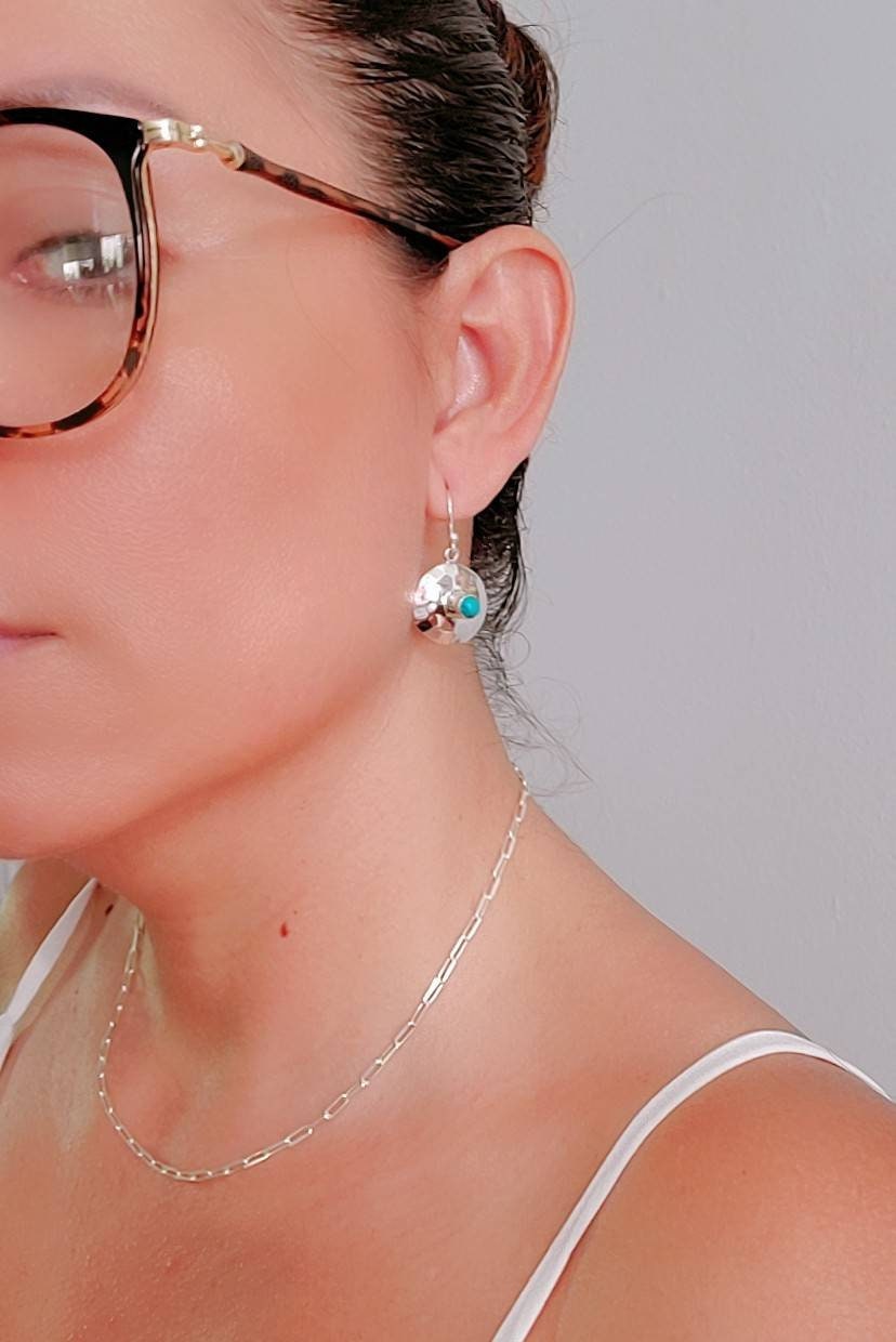 Hammered Disk Turquoise Drop Earrings – 925 Sterling Silver