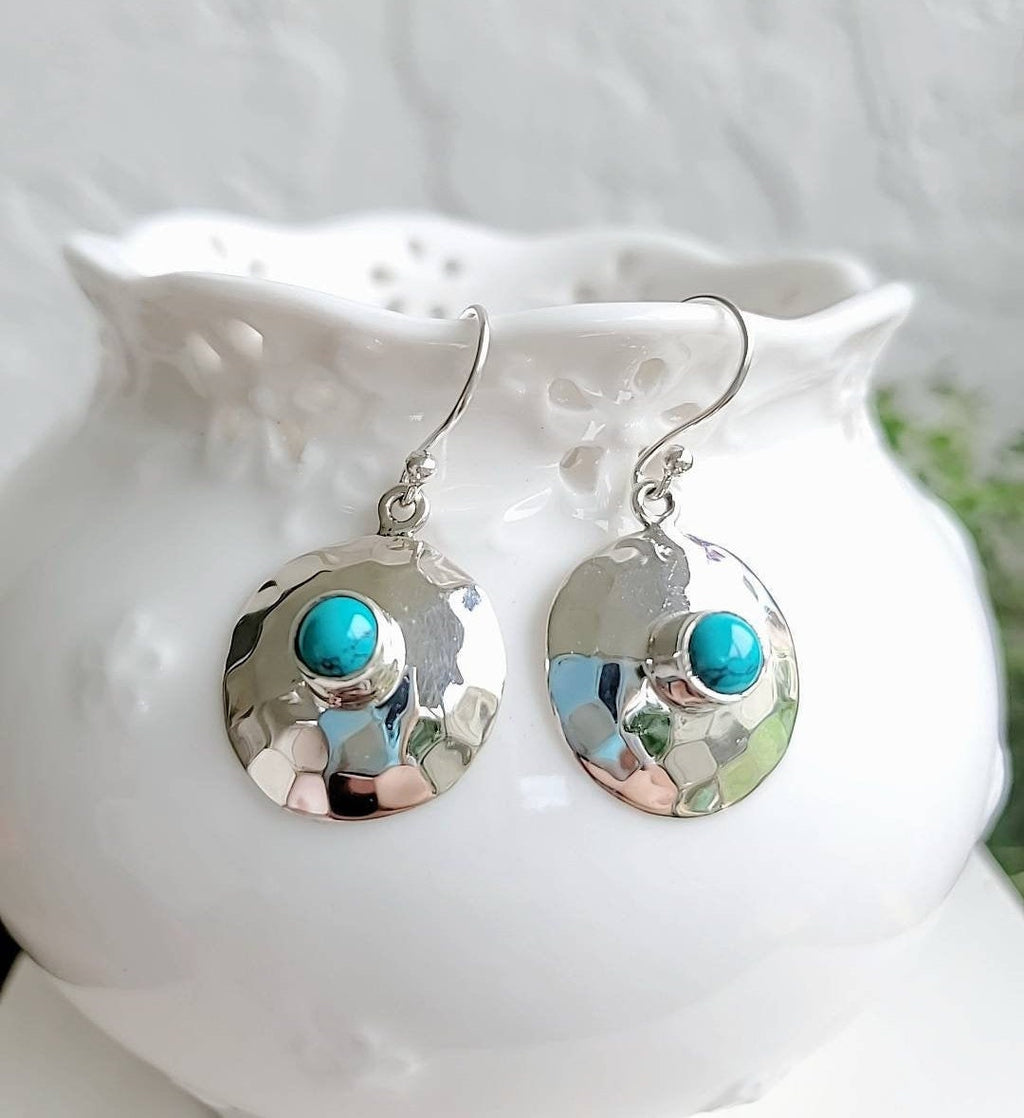 Hammered Disk Turquoise Drop Earrings – 925 Sterling Silver