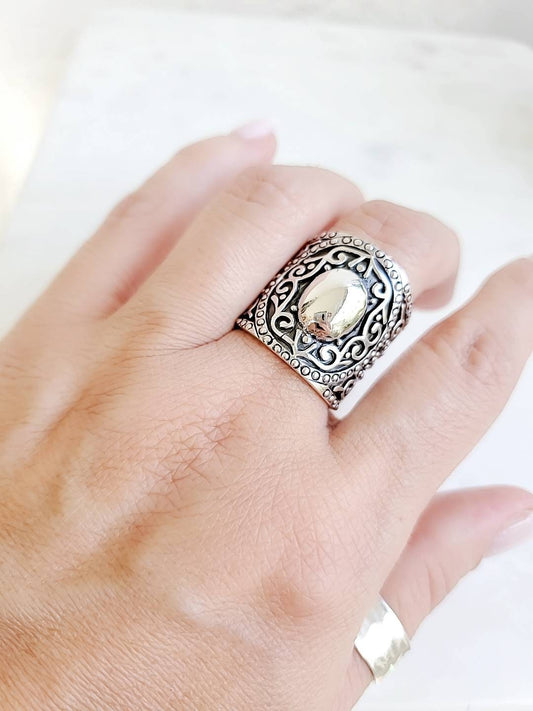 Sterling Silver Concave Ring, Bohemian Women Ring, 925 Stamped, Wide Band, Tribal Ring, Large Silver Ring, Chunky Ring