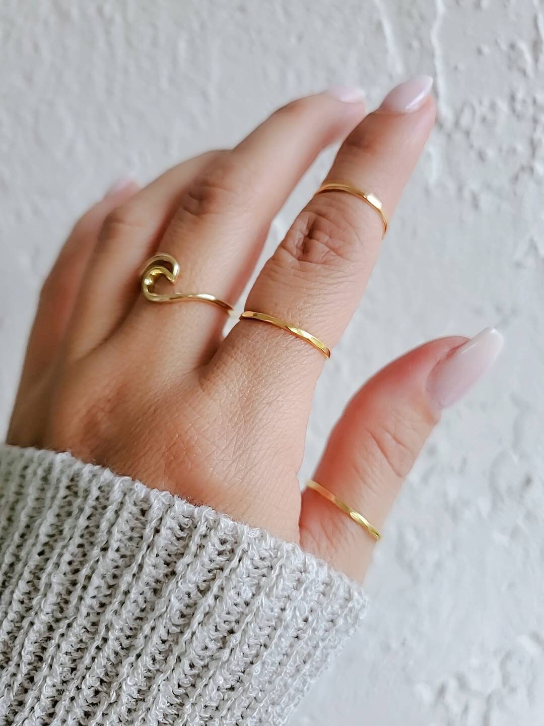 Thin Hammered Ring Set, Gold, Rose Gold Band, Sterling Silver Ring, Minimalist Stack Band, Dainty Band