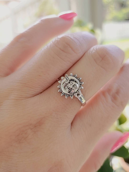 Moon Sun Face Sterling Silver Ring