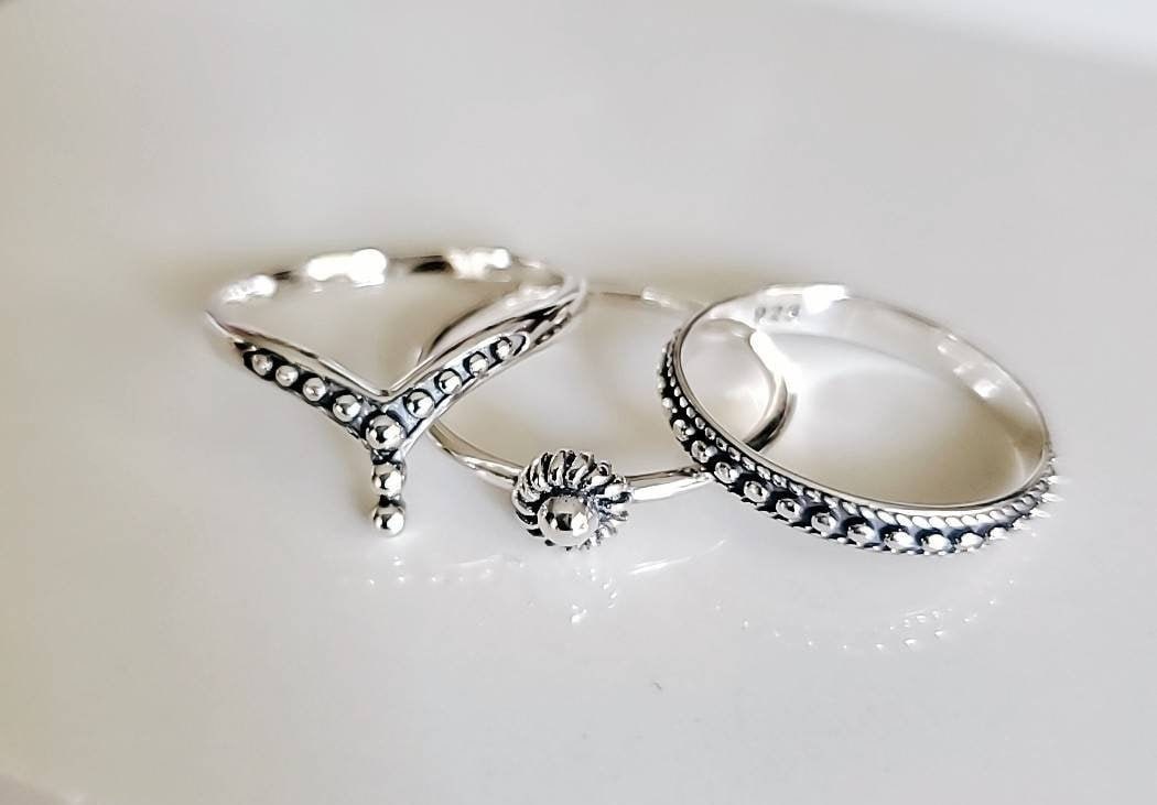 Sterling Silver 3 Ring Set Beaded Chevron Band