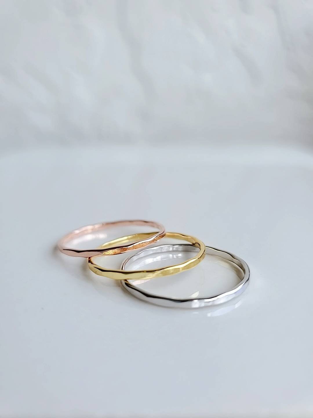 Thin Hammered Ring Set, Gold, Rose Gold Band, Sterling Silver Ring, Minimalist Stack Band, Dainty Band