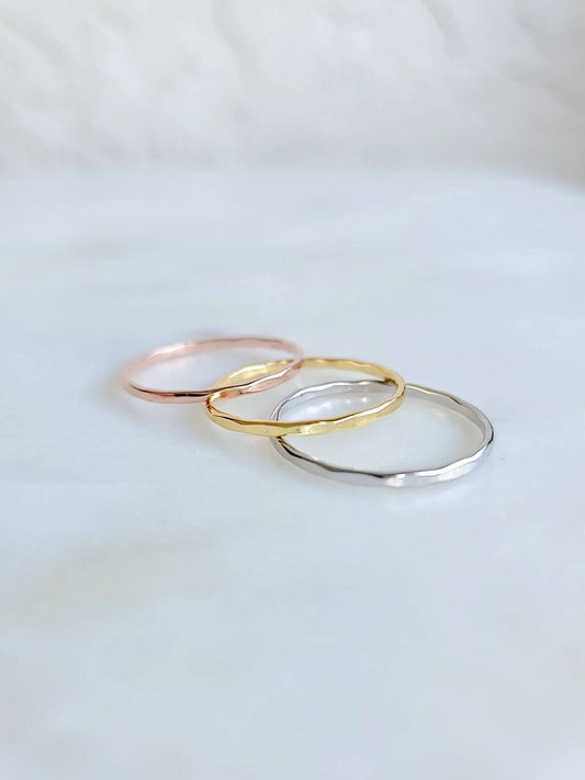 Thin Hammered Ring Set, Gold, Rose Gold Band, Sterling Silver Ring, Minimalist Stack Band, Dainty Band