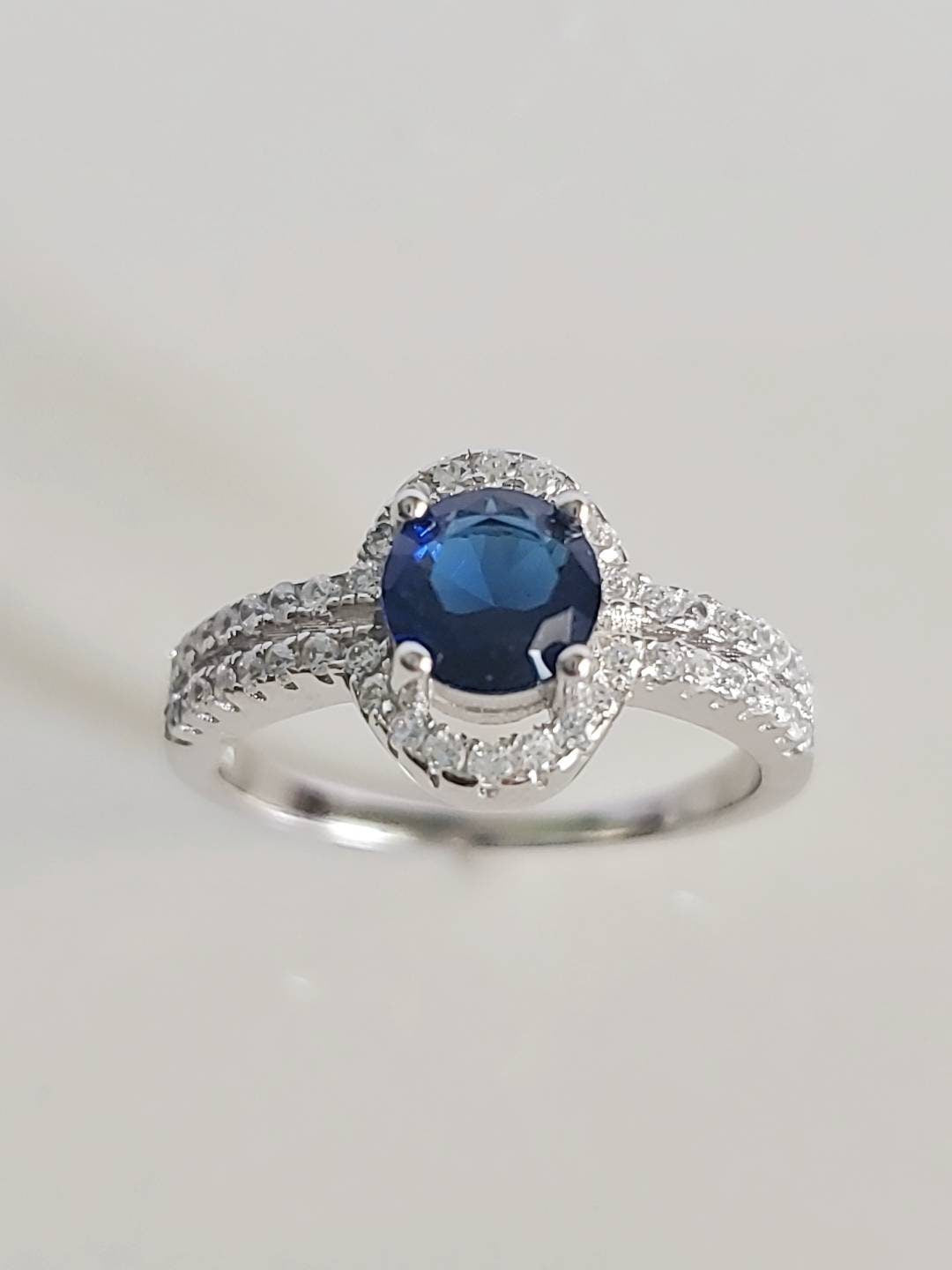 Sterling Silver Halo Sapphire Ring, Promise Ring, Engagement Ring, Gift for her, Anniversary Gift,  925 Stamped