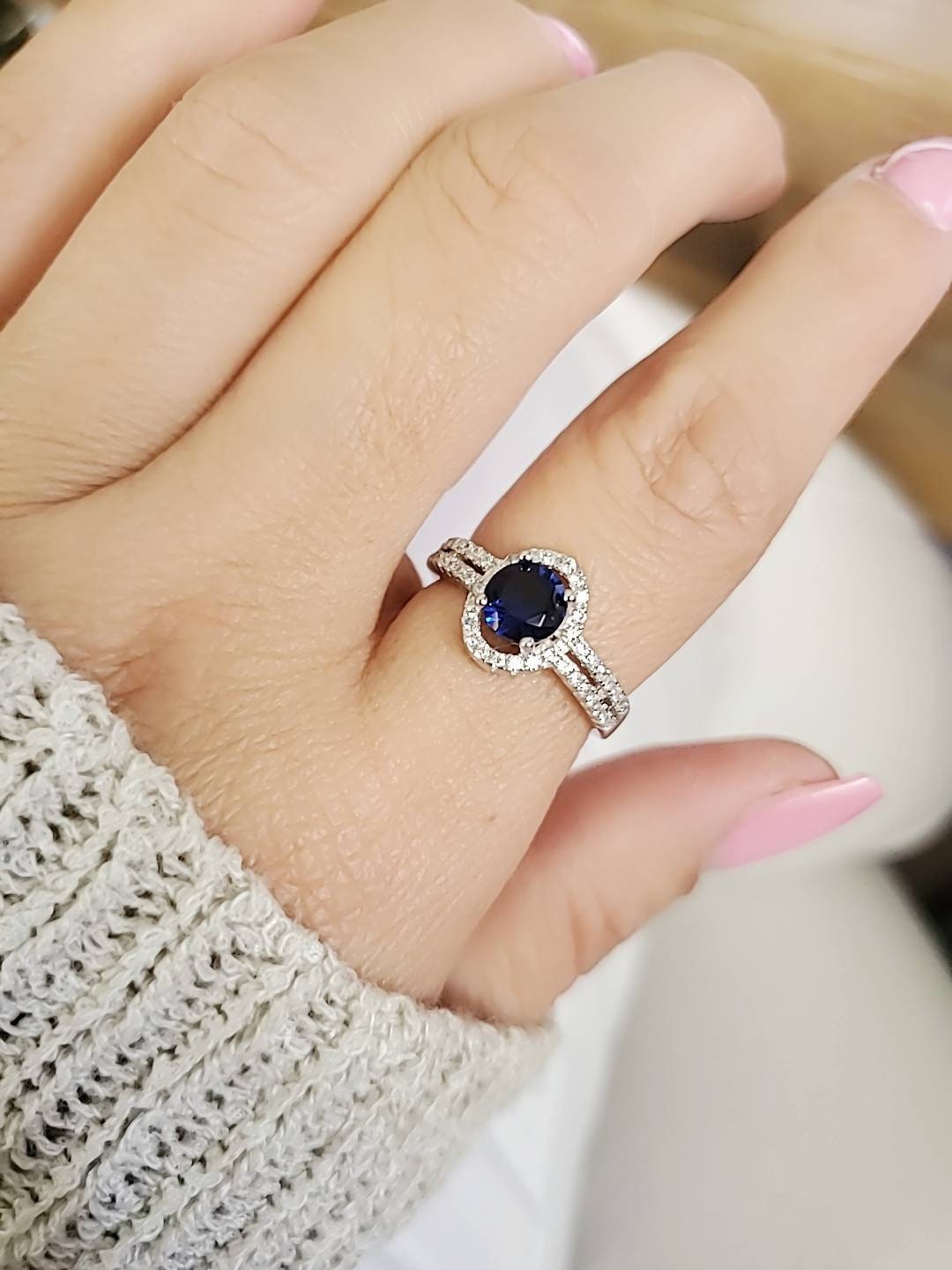 Sterling Silver Halo Sapphire Ring, Promise Ring, Engagement Ring, Gift for her, Anniversary Gift,  925 Stamped