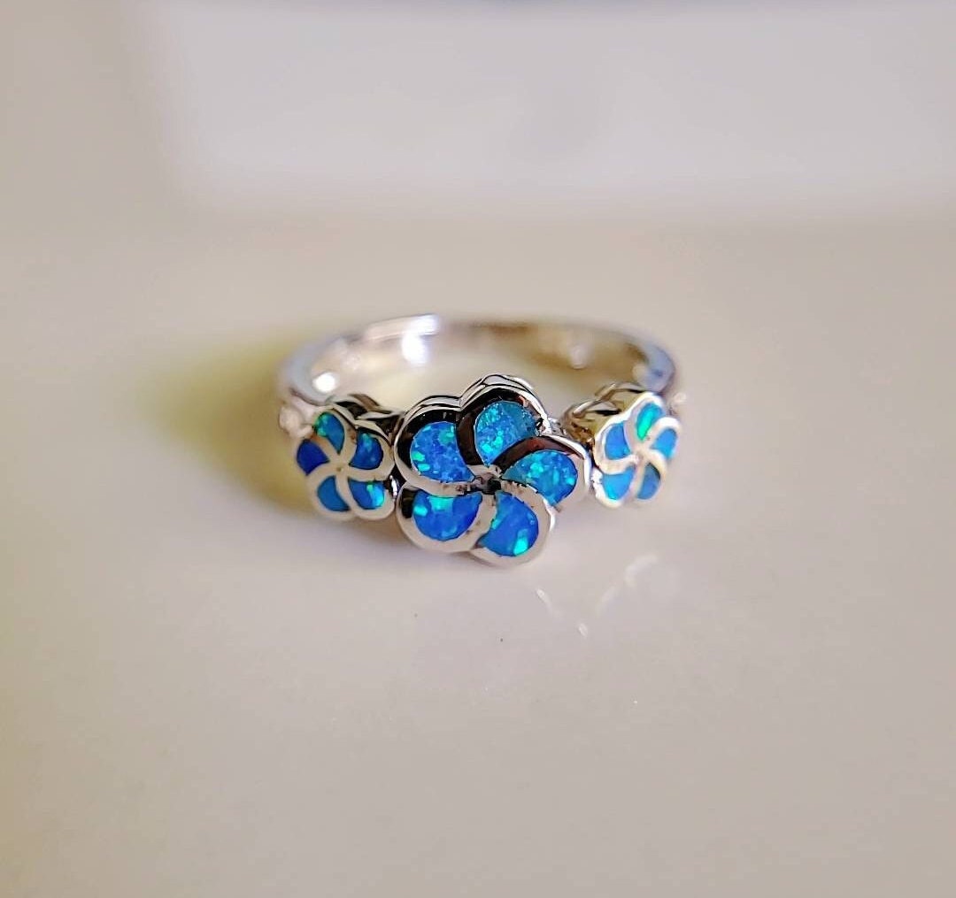 Plumeria Hawaiian Blue Opal Ring