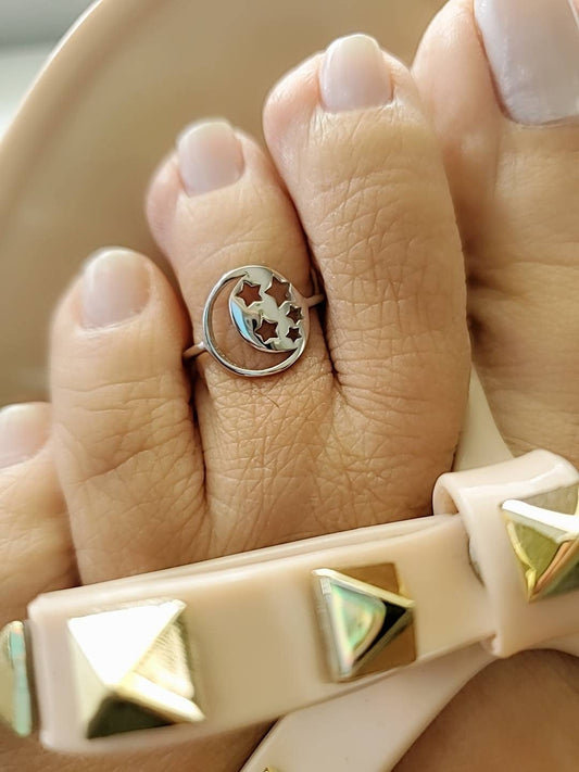 Moon & Stars Sterling Silver Toe Ring – 11mm Face Height, Rhodium Plated Non-Tarnish Finish