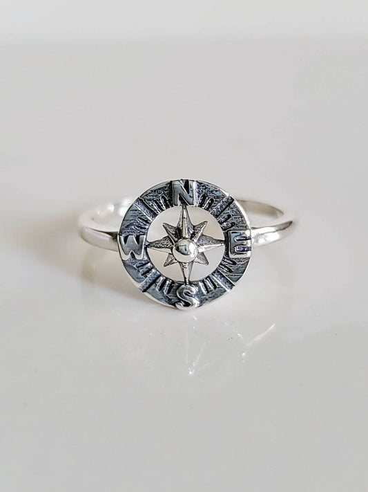 Sterling Silver Vintage Compass Ring, Nautical Ring, 925 Stamped, Girls Ring, Size 4-12