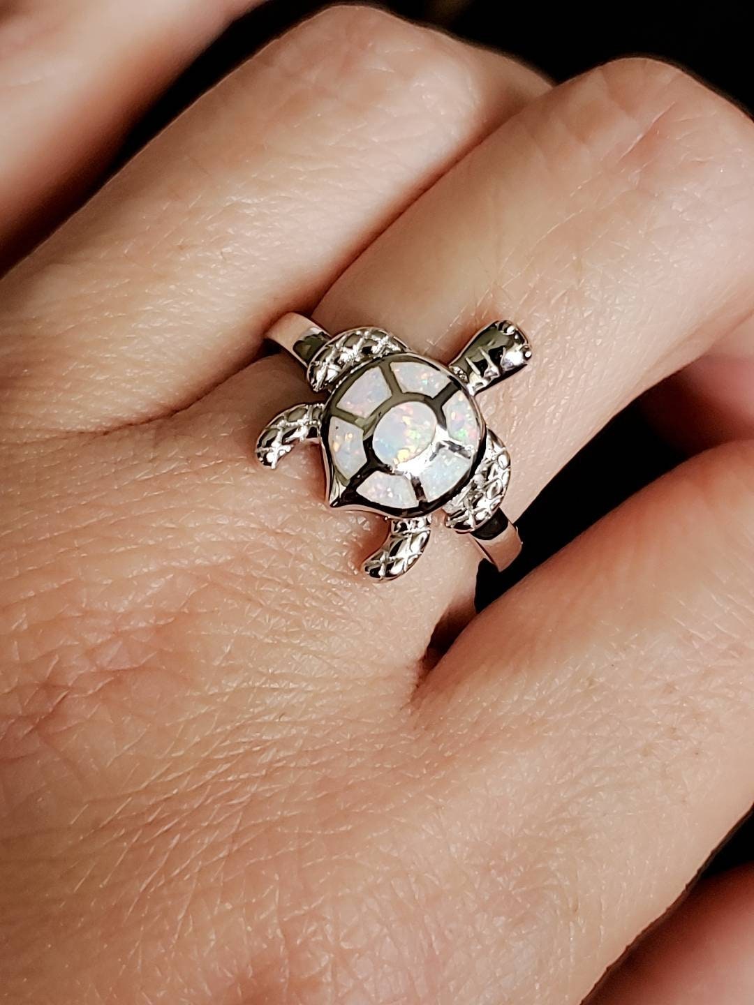 White Opal Turtle Ring