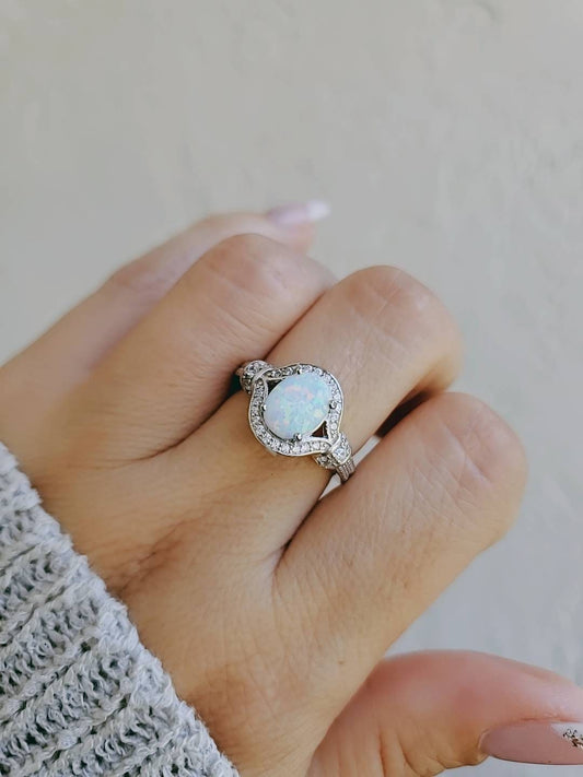 Halo Opal Ring Sterling Silver Women Ring