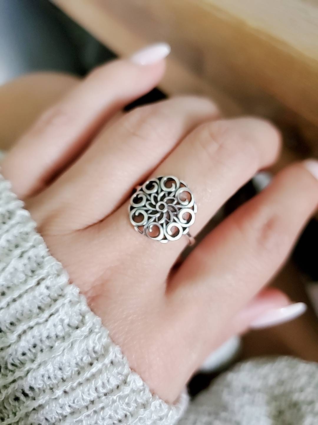 Sterling Silver Mandala Ring, Boho Chic Jewelry, Minimalist Ring, Bohemian Ring, Dainty Women's Ring, Statement Band, Size 5-12