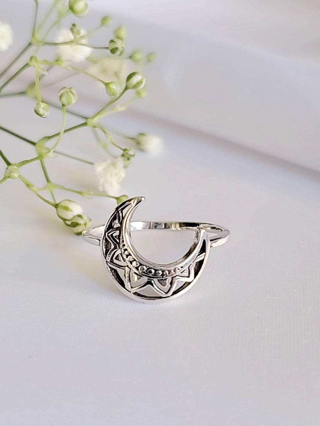Crescent Moon Mandala Moon Ring
