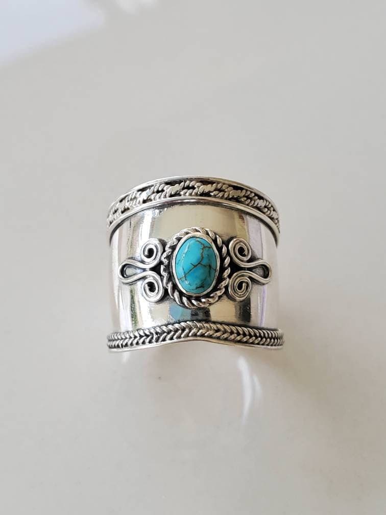 Turquoise Ring, Sterling Silver Women Ring, Wide Ring, Bali Concave Band, 925 Stamped, Boho Chic Jewelry