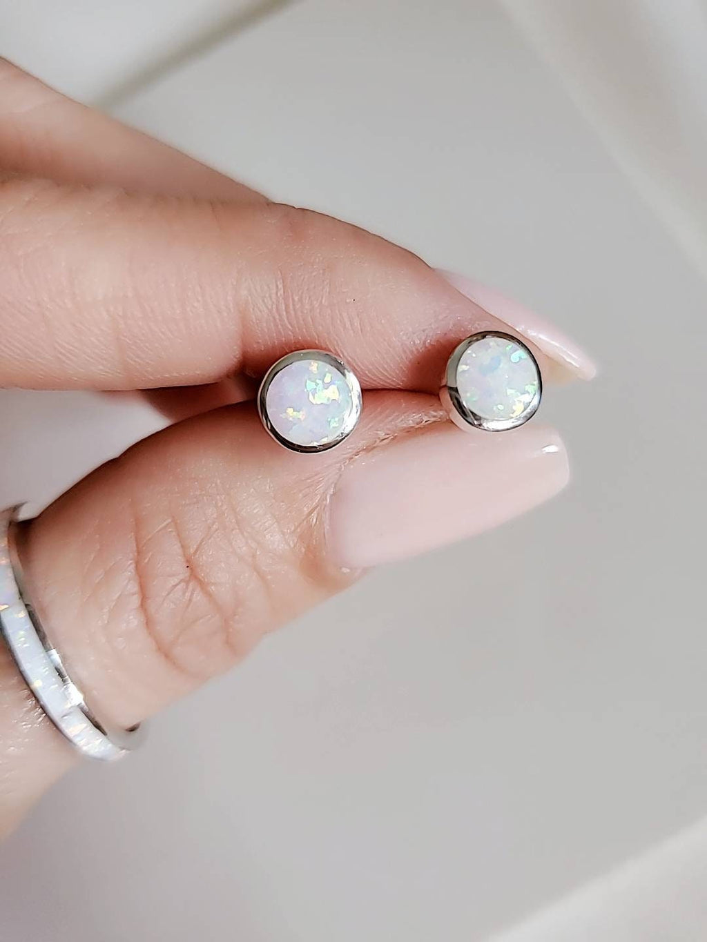 White Lab Stud Opal Earrings – 925 Sterling Silver
