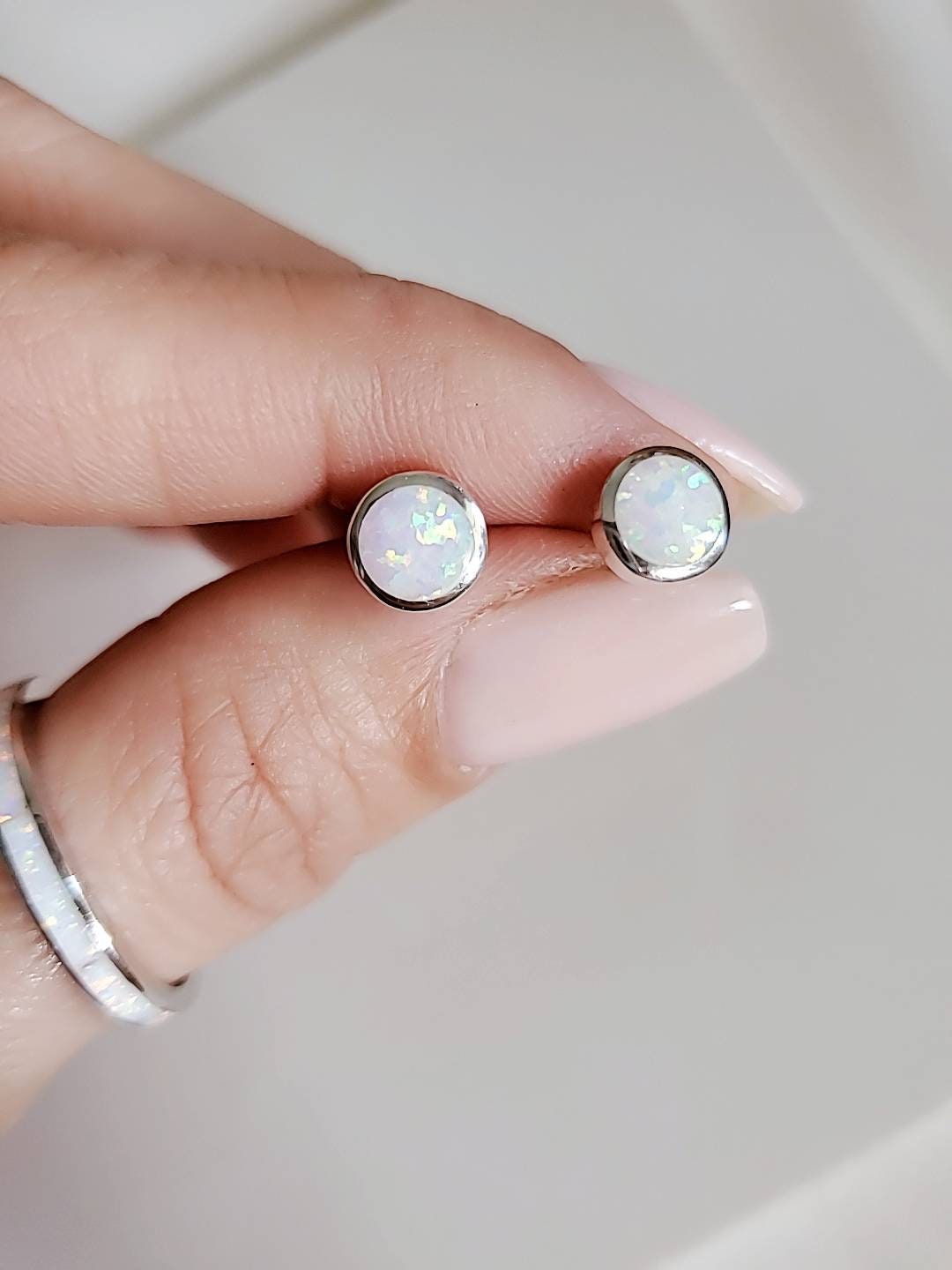 White Lab Stud Opal Earrings – 925 Sterling Silver
