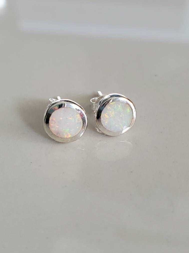 White Opal Sterling Silver Studs, Rainbow Opal earrings, Dainty Stud Earrings, 925 Stamped, Simple Women Earrings, Size 4mm to 10mm