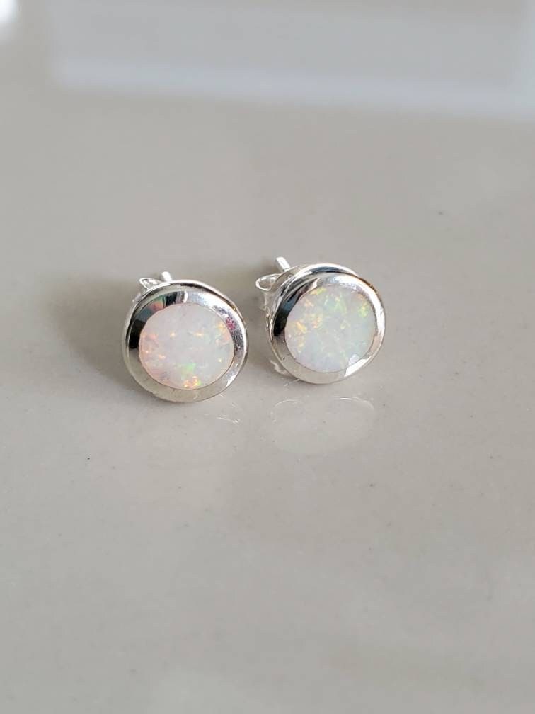 White Lab Stud Opal Earrings – 925 Sterling Silver