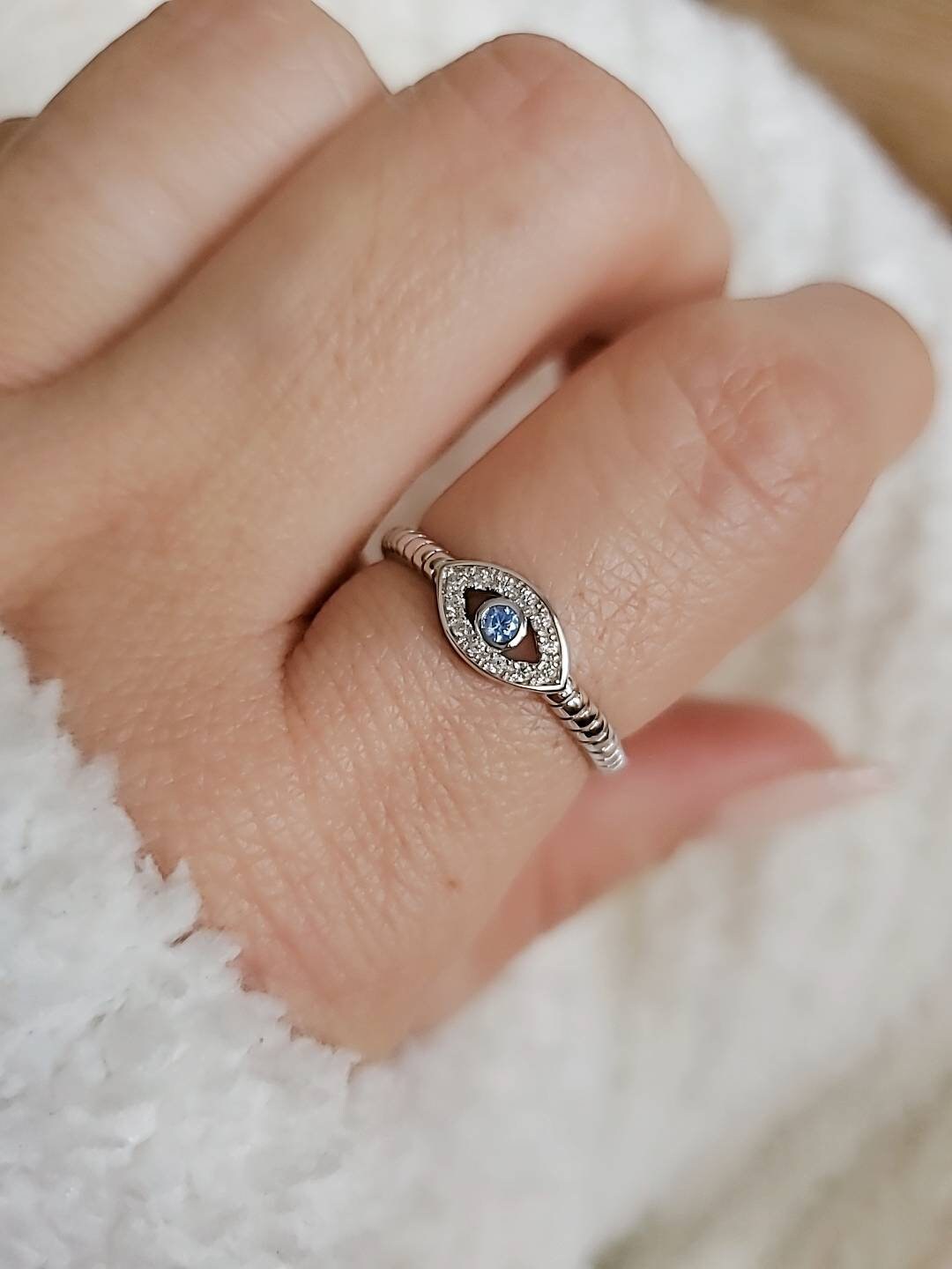 Evil Eye Aquamarine Ring – Sterling Silver with Rhodium Plated