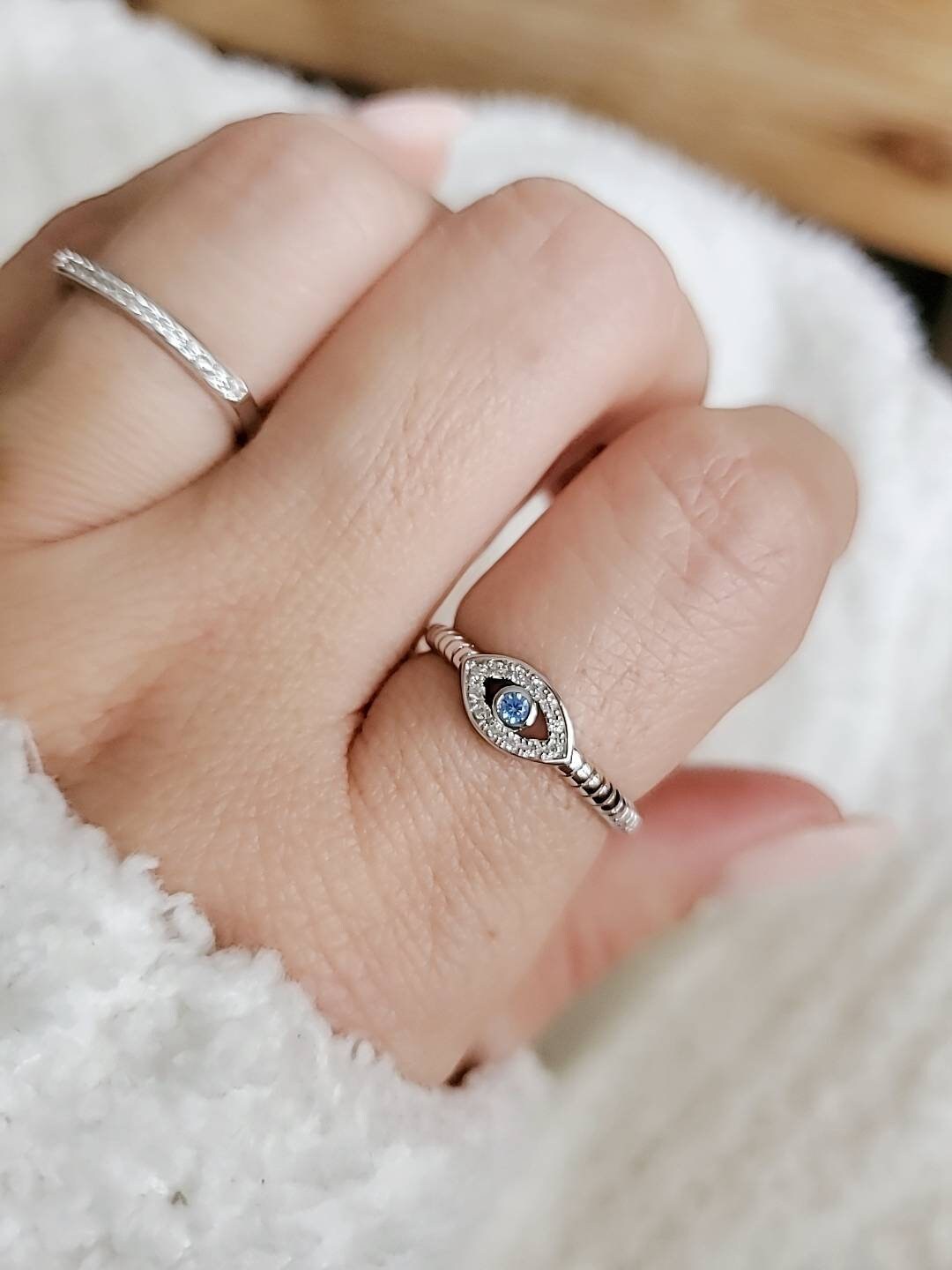 Evil Eye Aquamarine Ring – Sterling Silver with Rhodium Plated