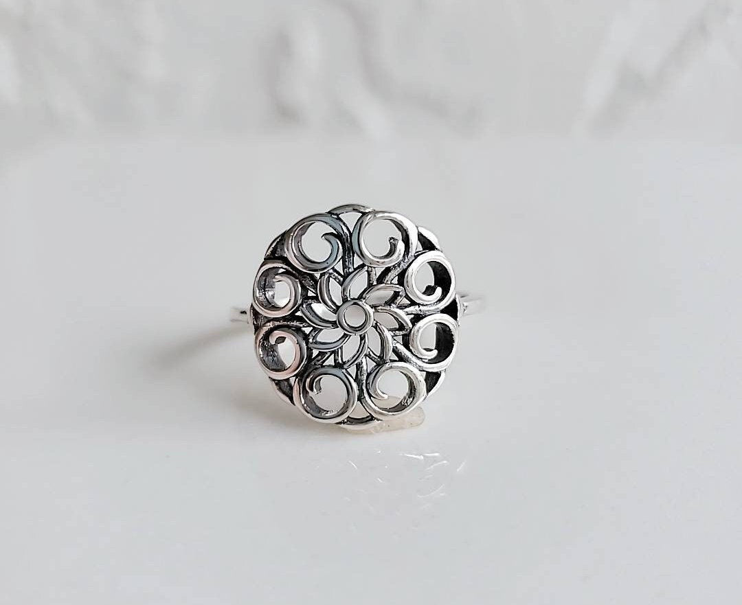 Sterling Silver Mandala Ring, Boho Chic Jewelry, Minimalist Ring, Bohemian Ring, Dainty Women's Ring, Statement Band, Size 5-12