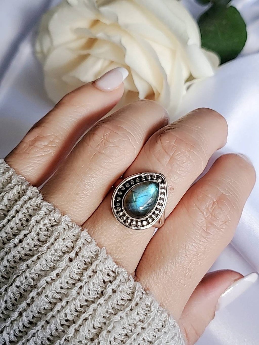 Labradorite Ring Teardrop Cab Labradorite Stone