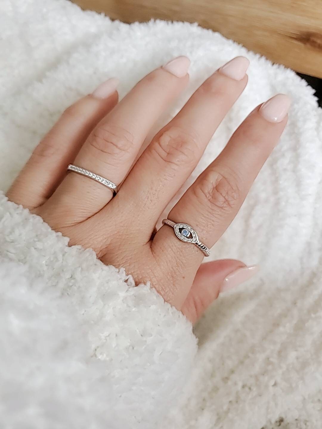 Evil Eye Aquamarine Ring – Sterling Silver with Rhodium Plated