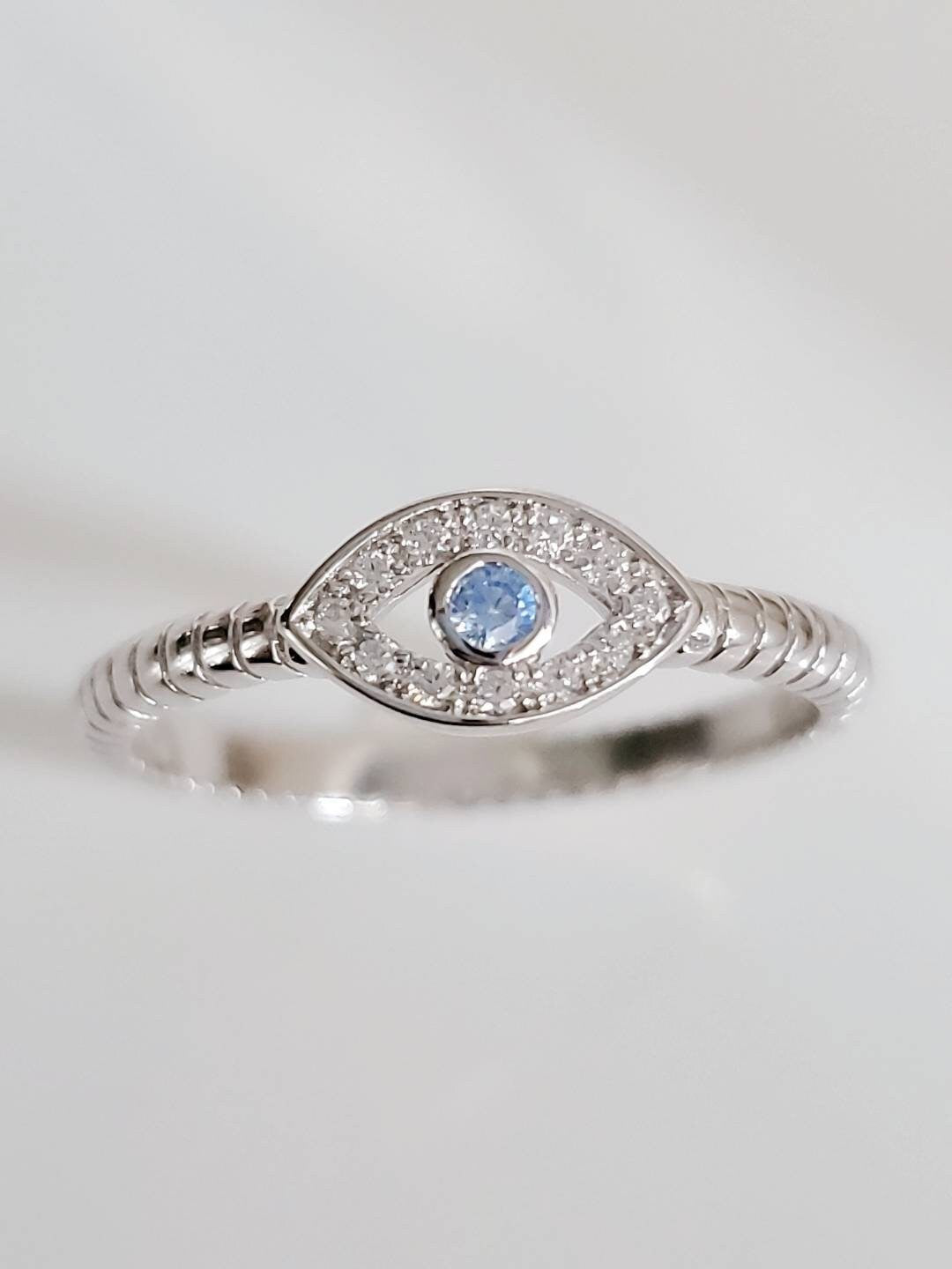 Evil Eye Aquamarine Ring – Sterling Silver with Rhodium Plated