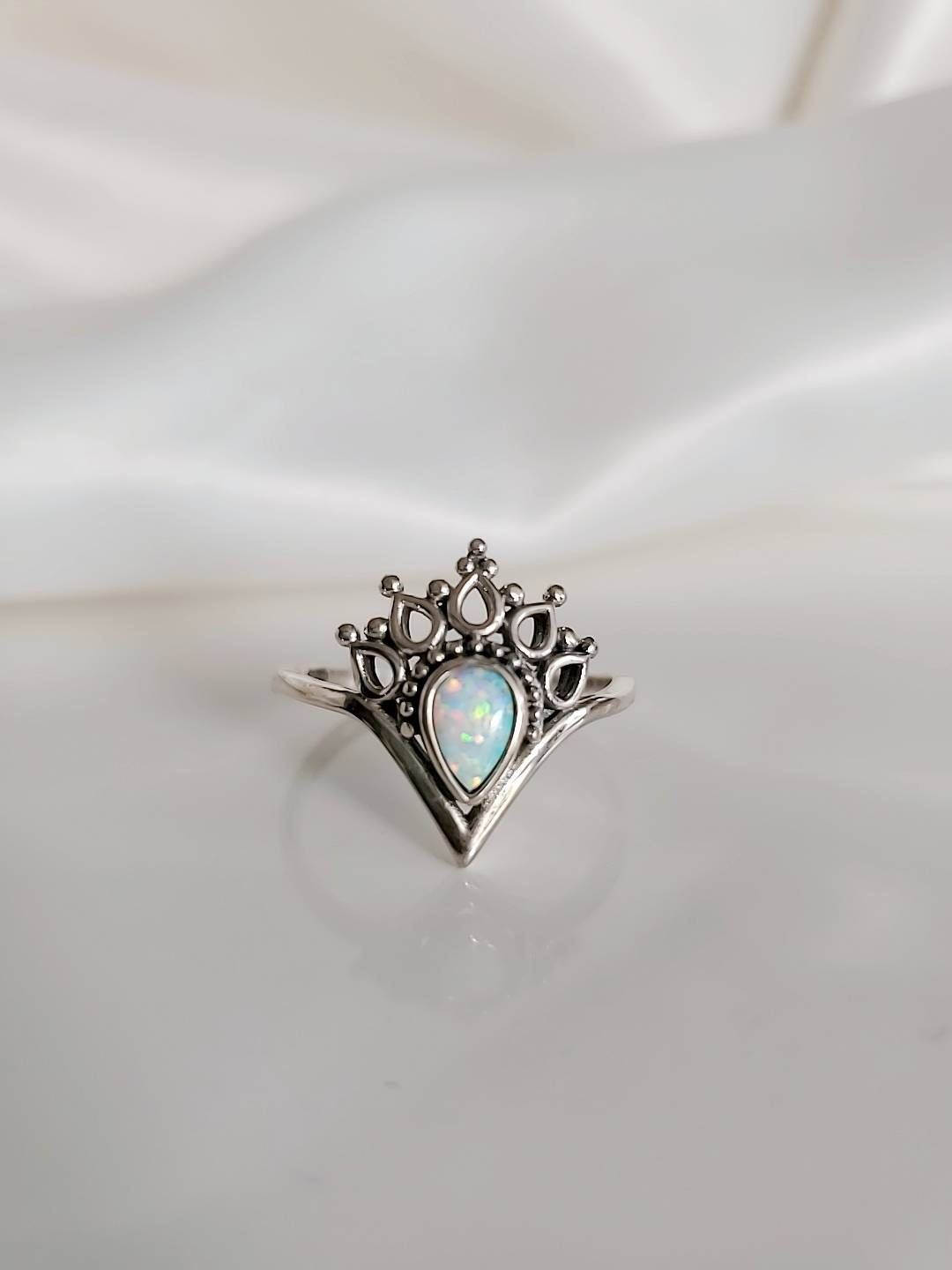 White Opal Sterling Silver Women Ring, Dainty Ring, Bohemian, Minimalist Ring, Mandala Ring, 925 Silver