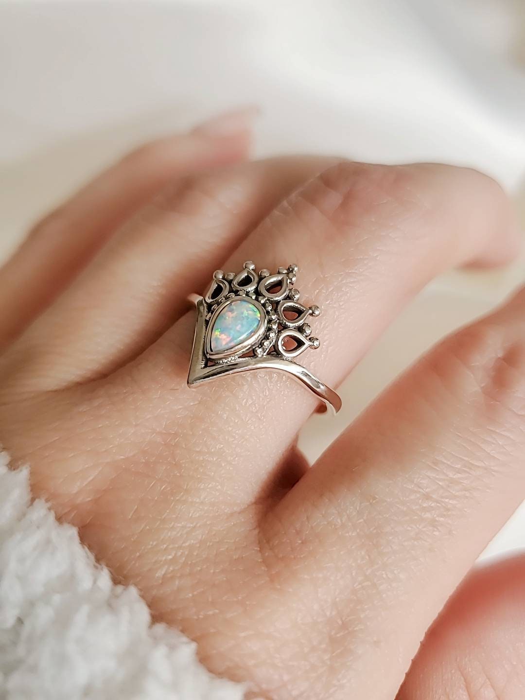 White Opal Sterling Silver Women Ring, Dainty Ring, Bohemian, Minimalist Ring, Mandala Ring, 925 Silver