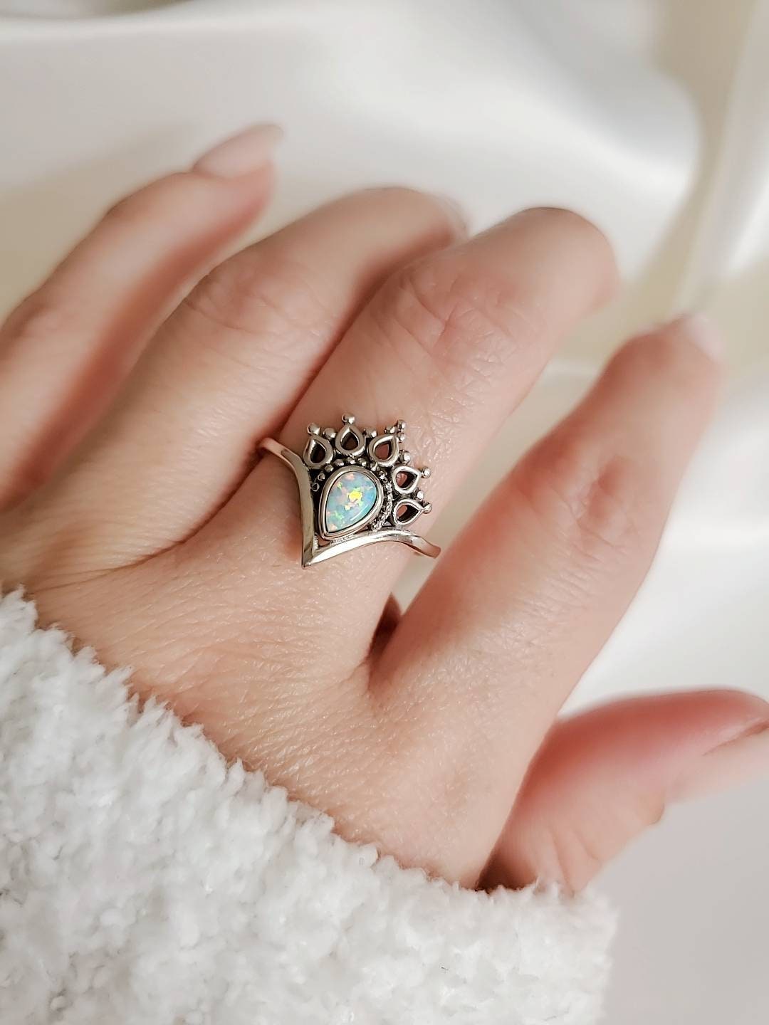 White Opal Sterling Silver Women Ring, Dainty Ring, Bohemian, Minimalist Ring, Mandala Ring, 925 Silver