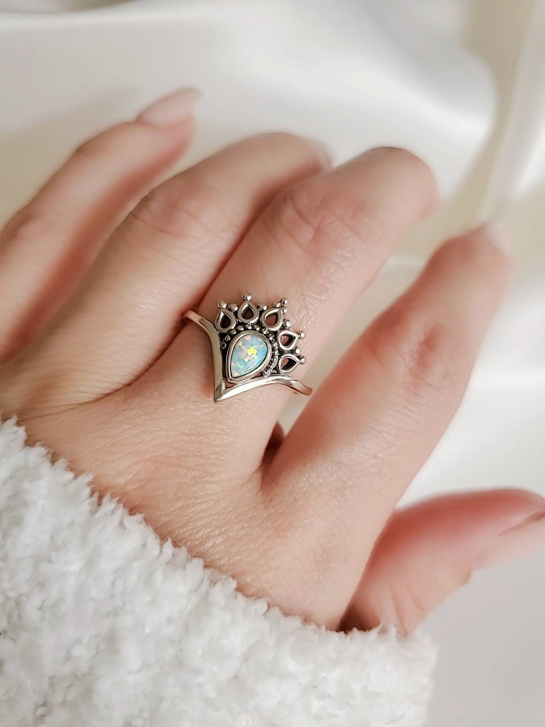 White Lab-created Opal Ring – 925 Sterling Silver