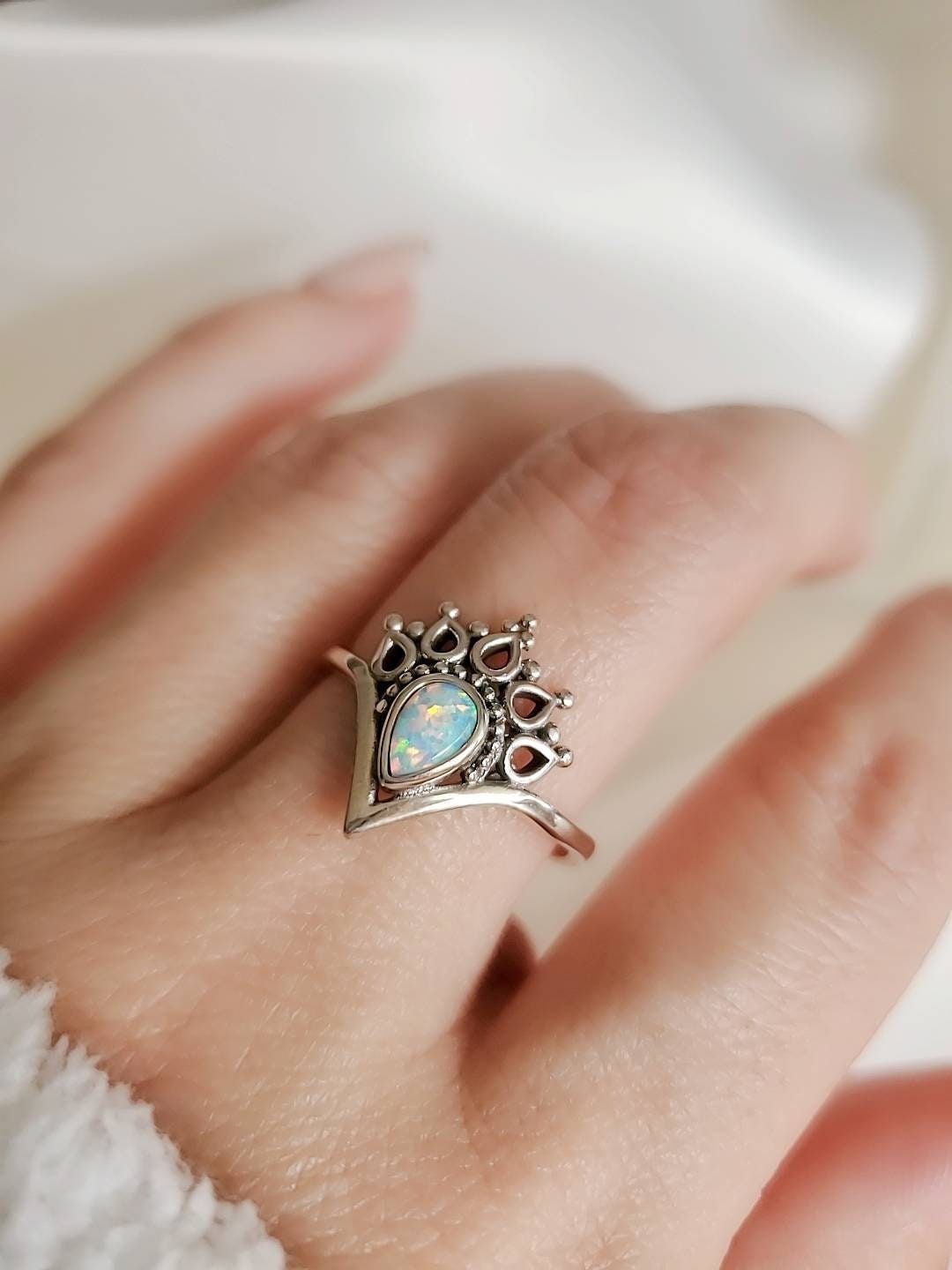 White Opal Sterling Silver Women Ring, Dainty Ring, Bohemian, Minimalist Ring, Mandala Ring, 925 Silver