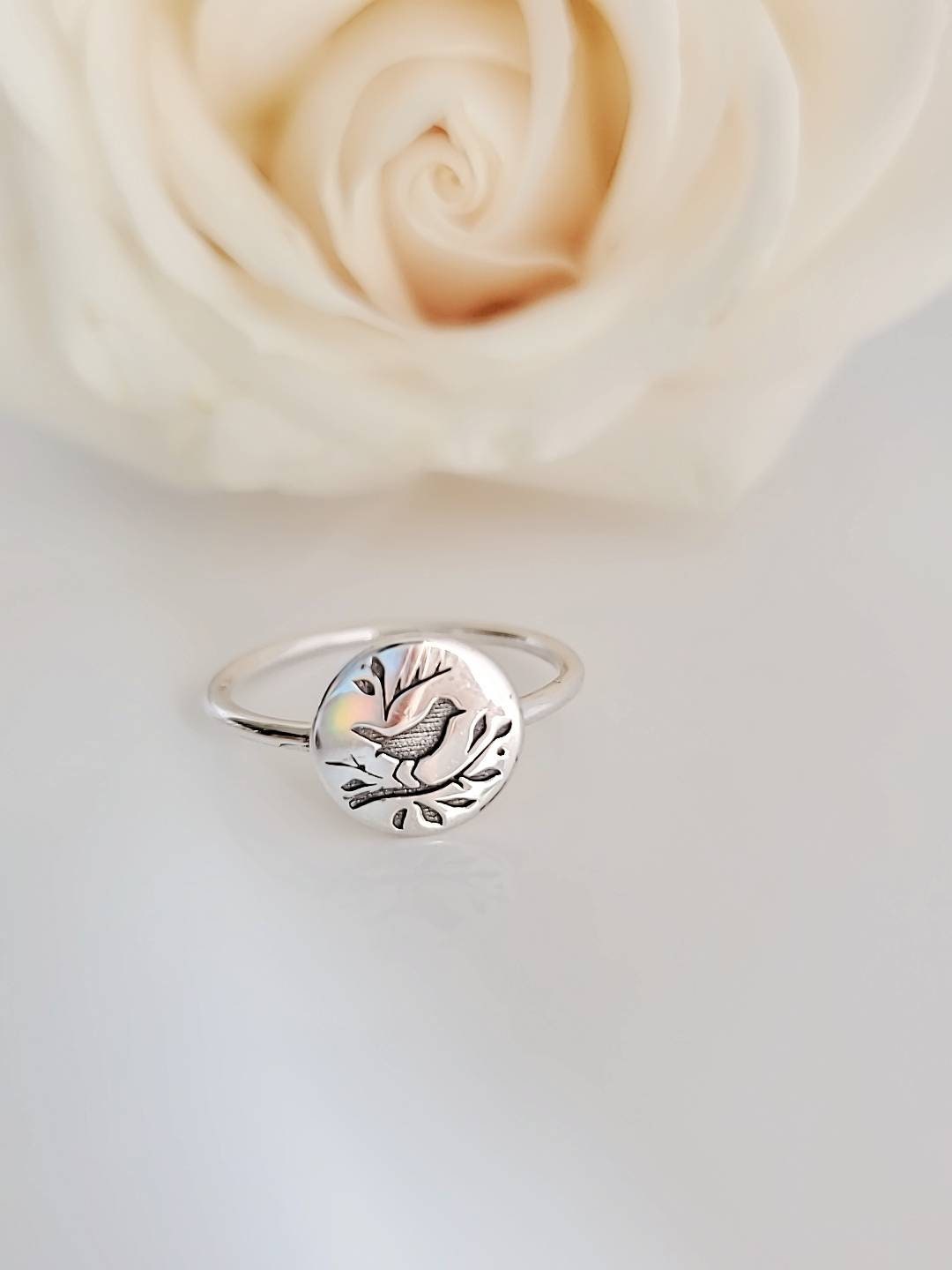 Sterling Silver Songbird Ring, Bird on a Branch Ring, Engraved Bird Ring, Dainty Ring, 925 Silver Ring, Women's Ring, Bridal Gifts