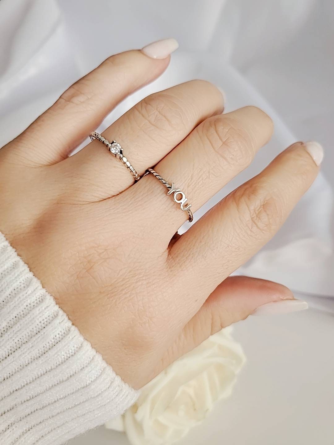 Sterling Silver You Ring, Thin Ring, Dainty Women's Ring, Promise Ring, Stack Ring, 925 Silver, Girl's Ring, YOU Lettering